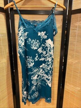 Floral Lace-Trim Teal Slip Dress